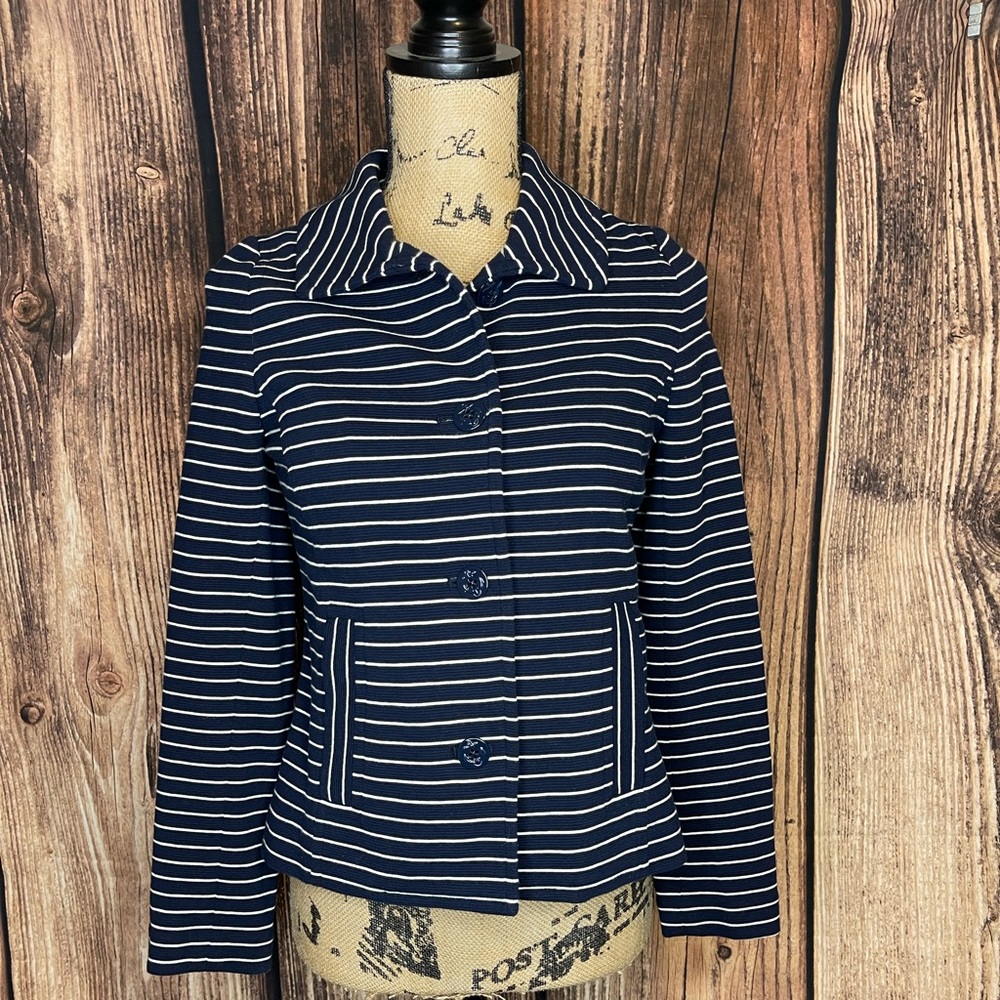 Talbots Knit Blazer Jacket Striped White Blue Nautical Button-Front Size P